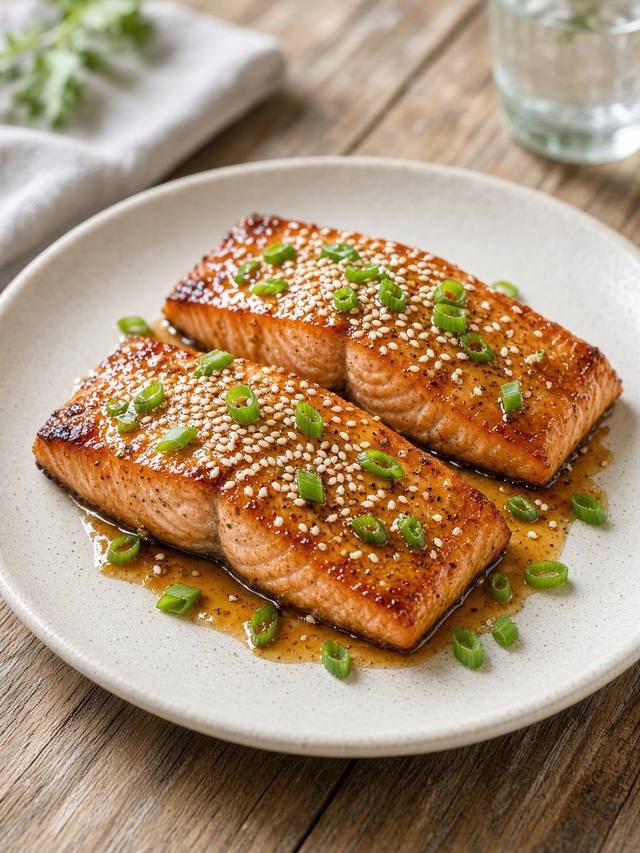 Roasted salmon fillets with a glossy honey garlic glaze and green onions