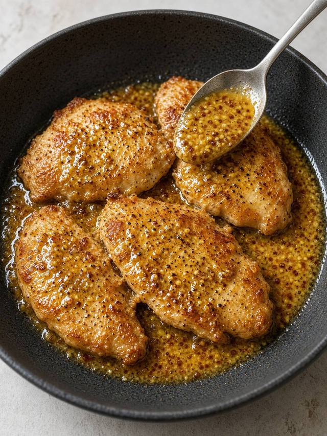 Chicken cutlets in a glossy honey mustard pan sauce.