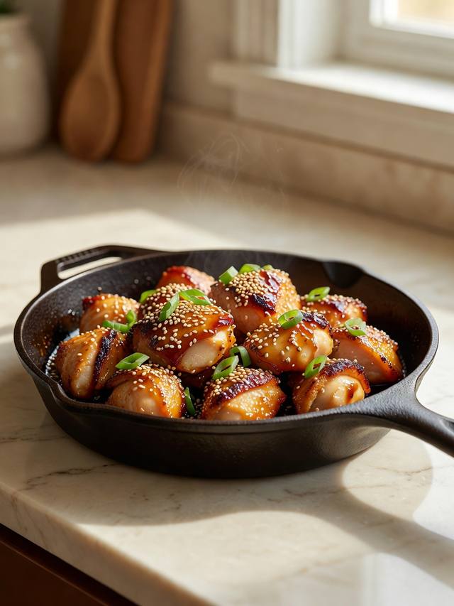 Glazed chicken pieces sprinkled with sesame seeds and sliced scallions in a skillet