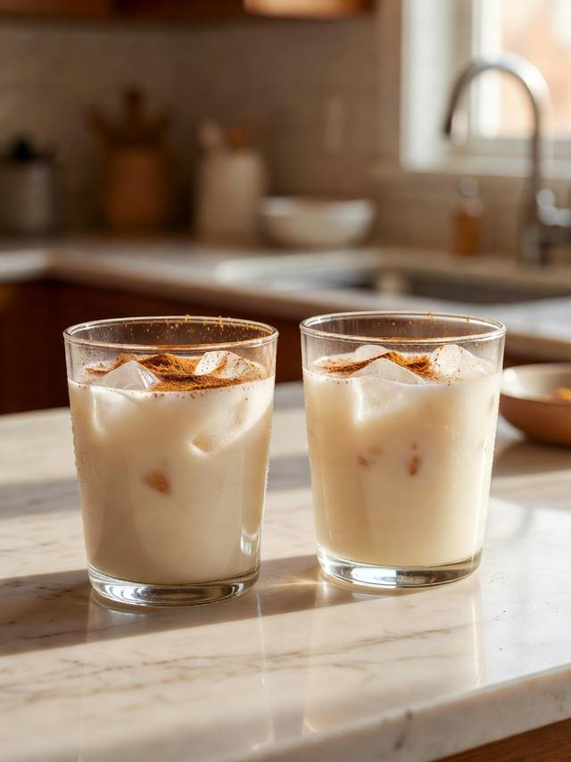 Glasses of milky horchata over ice with a dusting of ground cinnamon