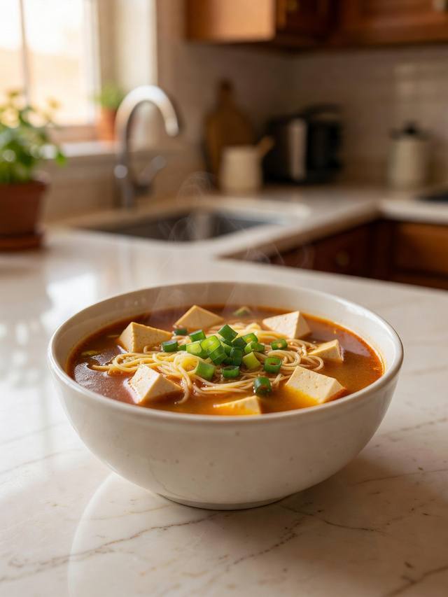 Bowl of hot and sour soup with tofu, egg ribbons, and scallions