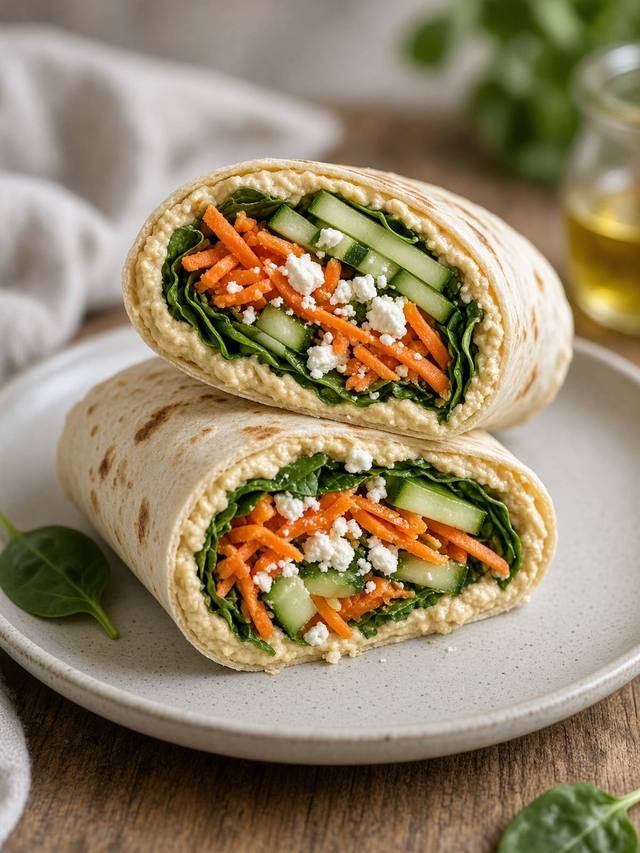 Hummus wraps cut open to show vegetables and feta.