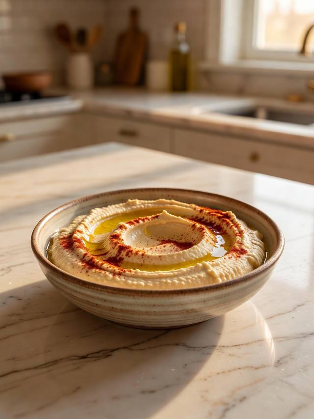 Bowl of smooth hummus swirled with olive oil and a dusting of paprika