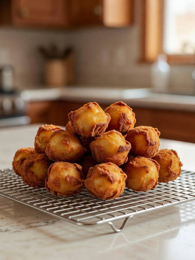 Pile of golden hush puppies with a crisp crust on a wire rack