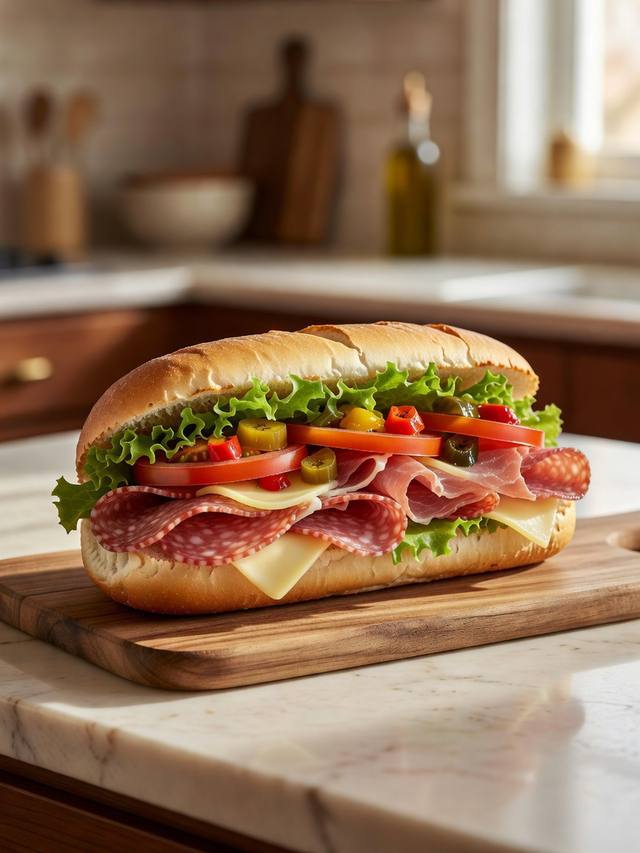 Italian sub on a hoagie roll layered with cured meats, provolone, lettuce, tomato, and peppers