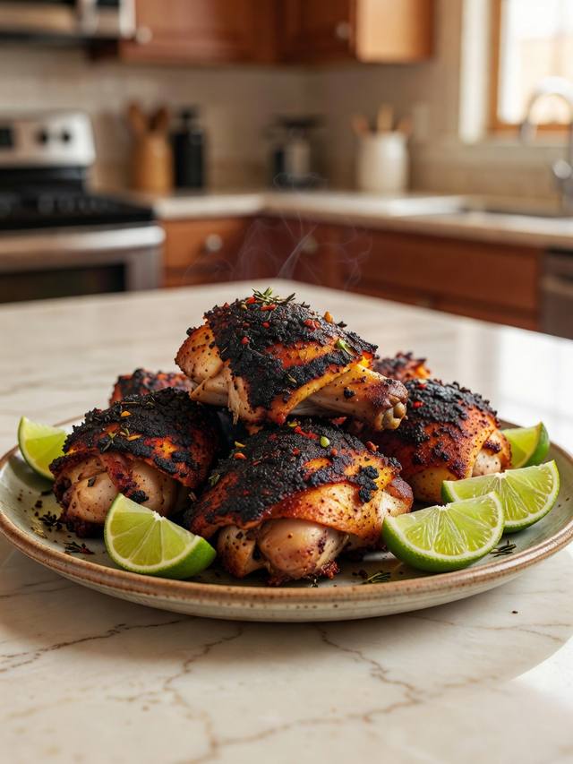Charred jerk chicken thighs with a dark spice crust on a platter with lime wedges