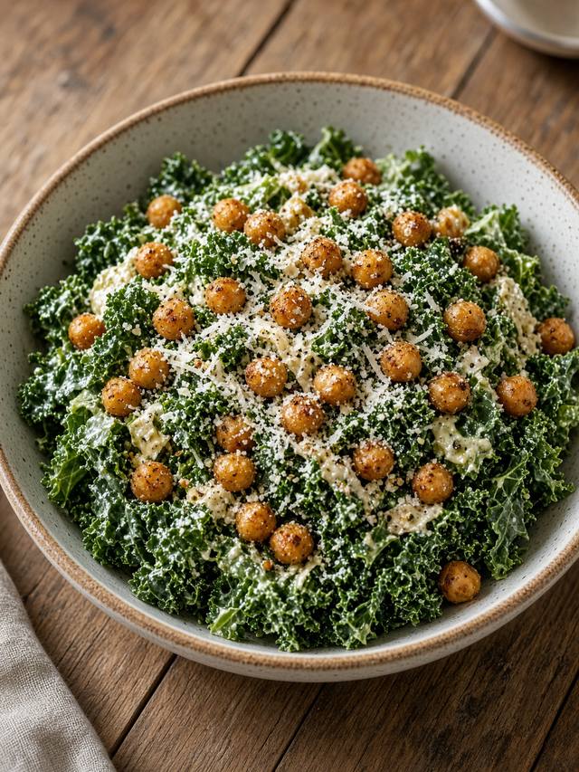 Kale Caesar salad topped with crispy chickpeas and Parmesan