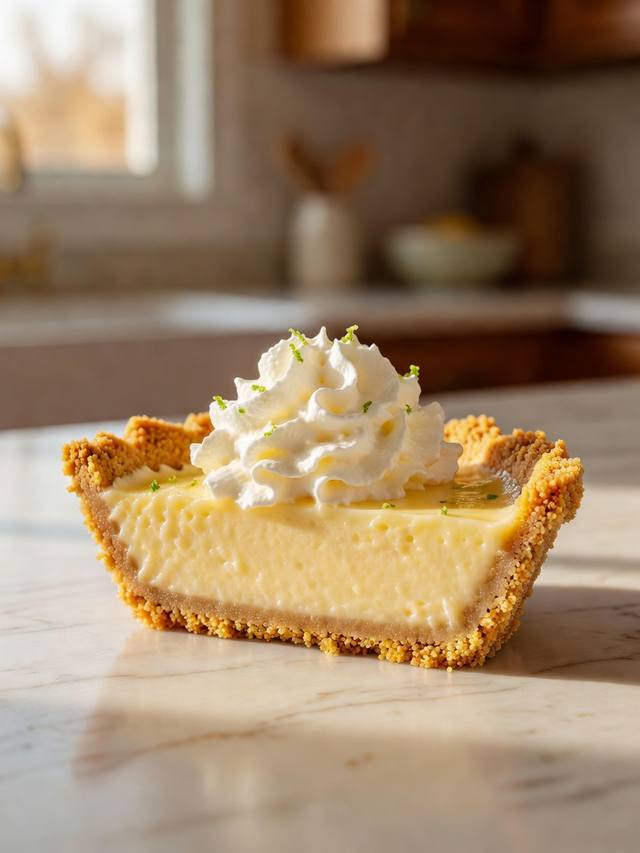 Slice of key lime pie with a graham crust, pale yellow filling, and a cloud of whipped cream