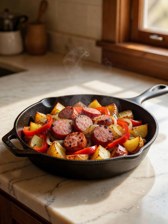 Skillet of browned kielbasa slices with potatoes, onion, and red pepper