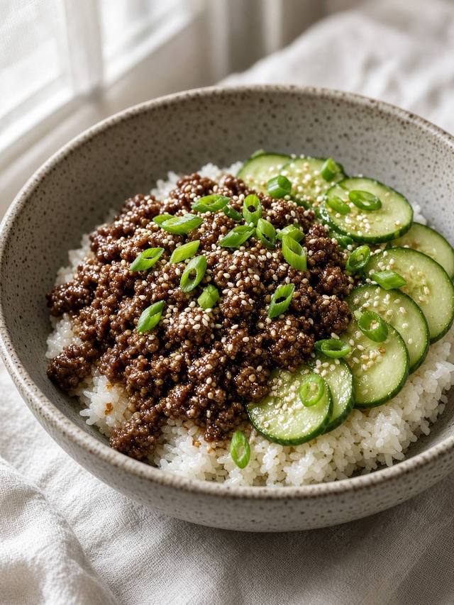 Rice topped with savory ground beef, cucumber, sesame seeds, and green onion.