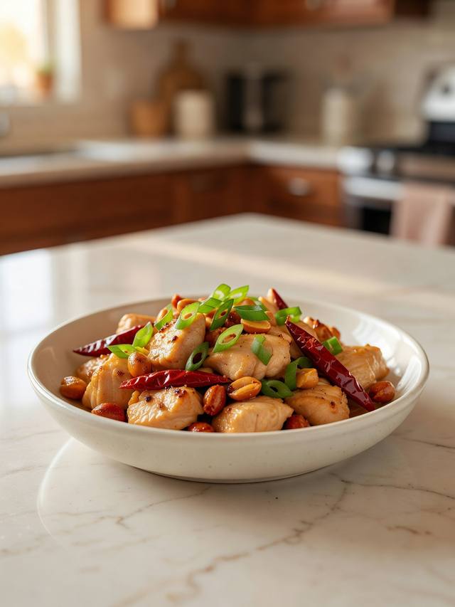 Stir-fried chicken with roasted peanuts, dried red chiles, and scallions in a shallow bowl