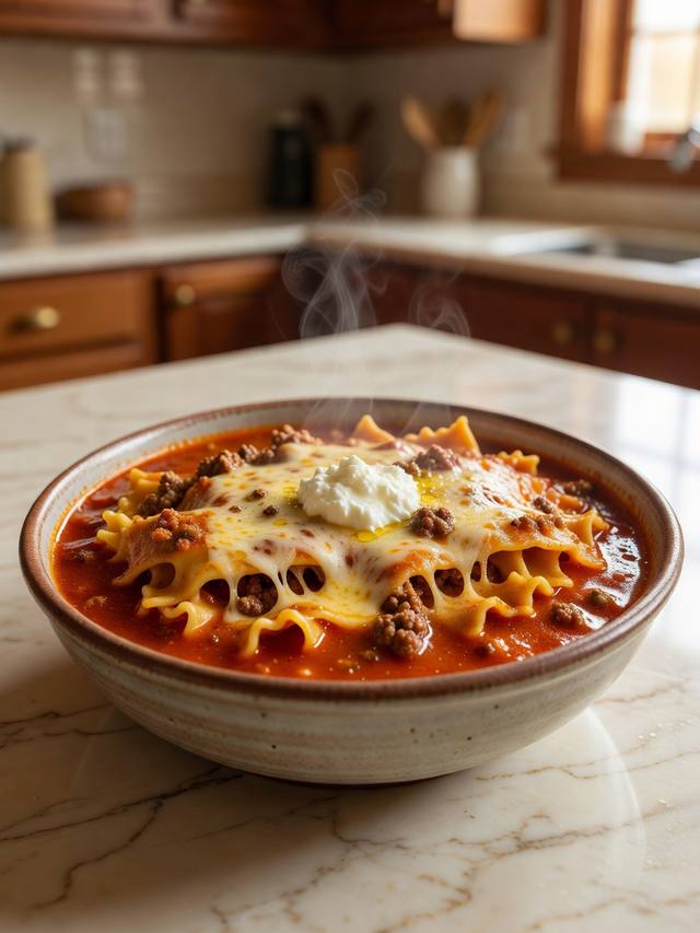 Bowl of lasagna soup with broken noodles, ground beef, ricotta, and melted mozzarella
