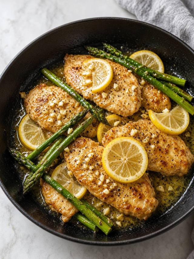 Chicken cutlets and asparagus with lemon in a skillet.