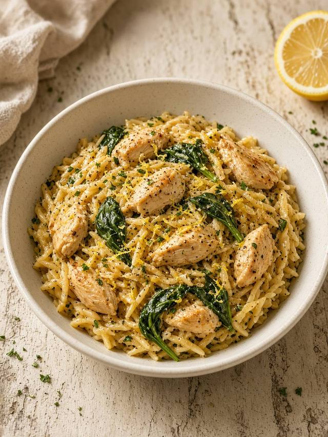 Skillet of lemon chicken pieces and orzo with spinach and lemon zest.