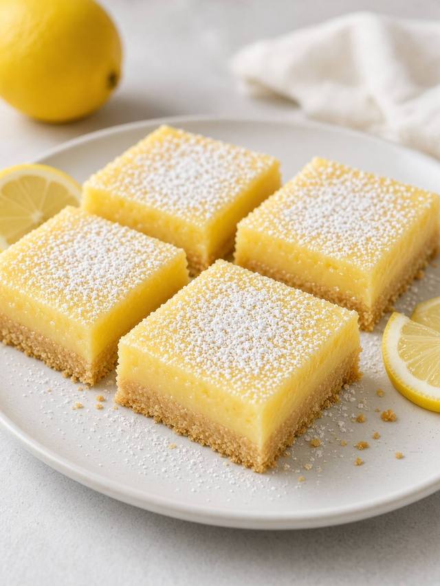 Lemon bars with a shortbread crust, cut into squares.