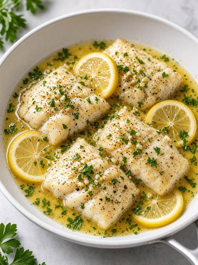 White fish fillets in a lemon garlic butter sauce.
