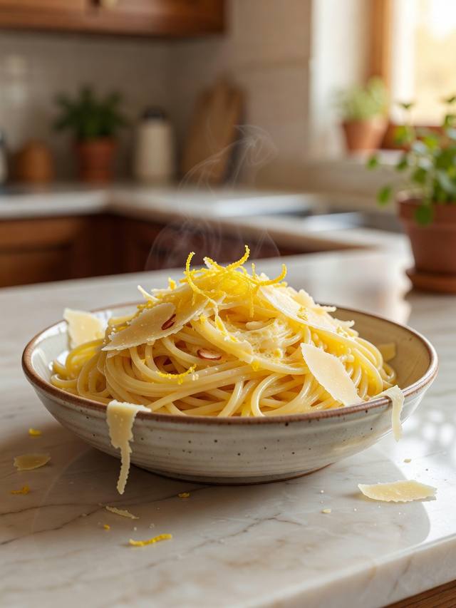 Spaghetti with lemon zest, melted butter, garlic, and shaved Parmesan
