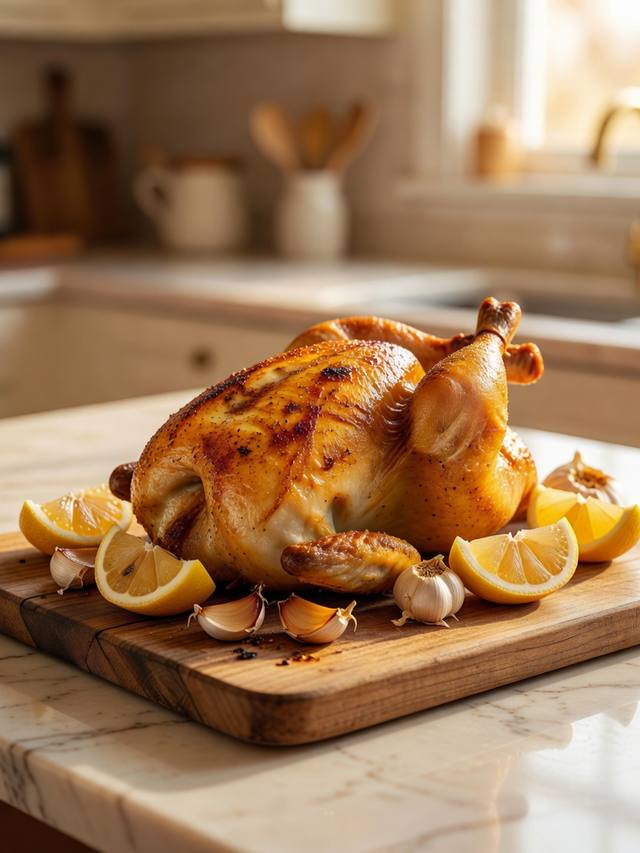 Roasted whole chicken with golden skin, lemon wedges, and garlic on a cutting board