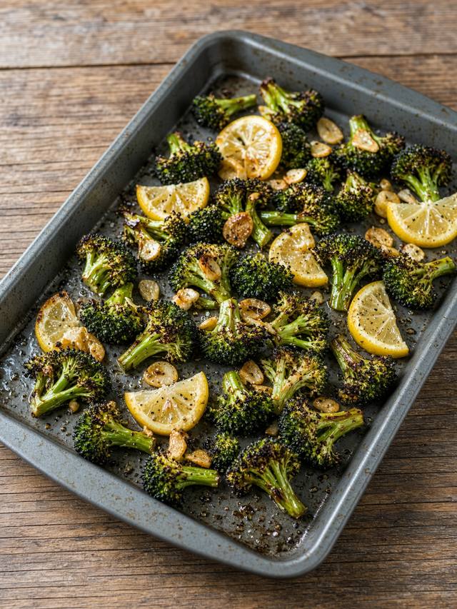 Roasted broccoli with charred edges and lemon zest on a sheet pan