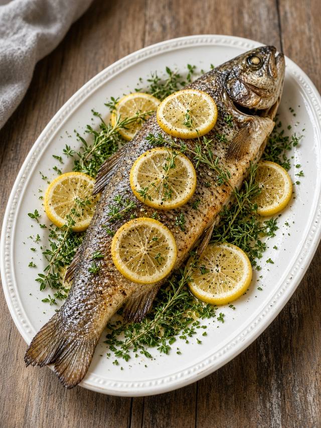 Baked trout with lemon slices and parsley