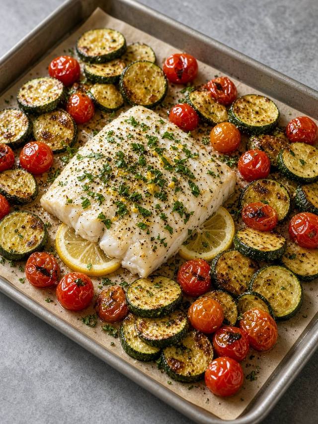 Baked white fish with roasted zucchini, tomatoes, and lemon wedges.