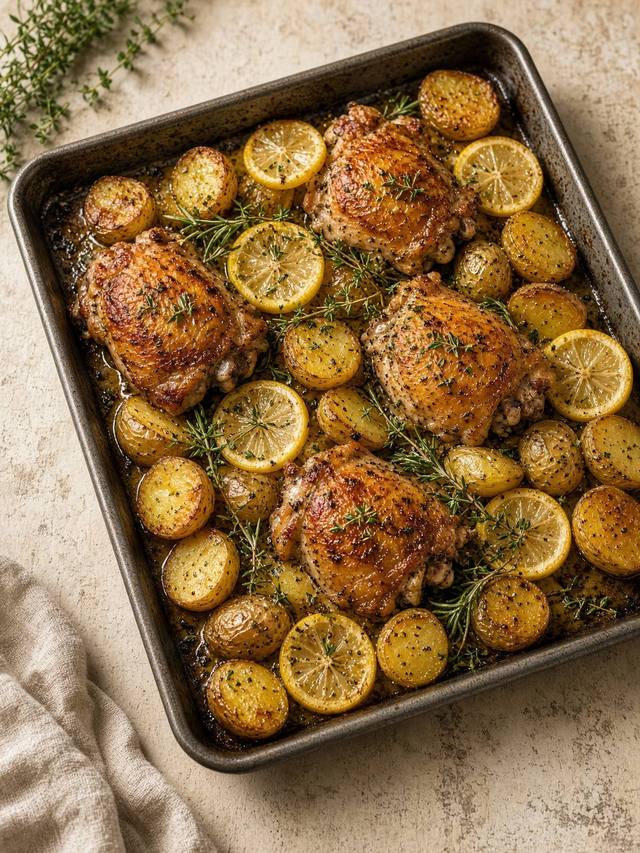 Sheet pan of roasted chicken thighs with lemon slices, baby potatoes, and herbs.