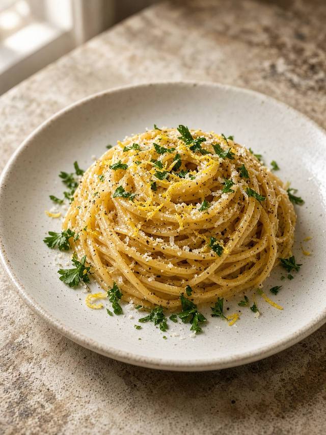A tangle of spaghetti coated in a pale butter and parmesan sauce, with lemon zest and chopped parsley scattered on a shallow plate.