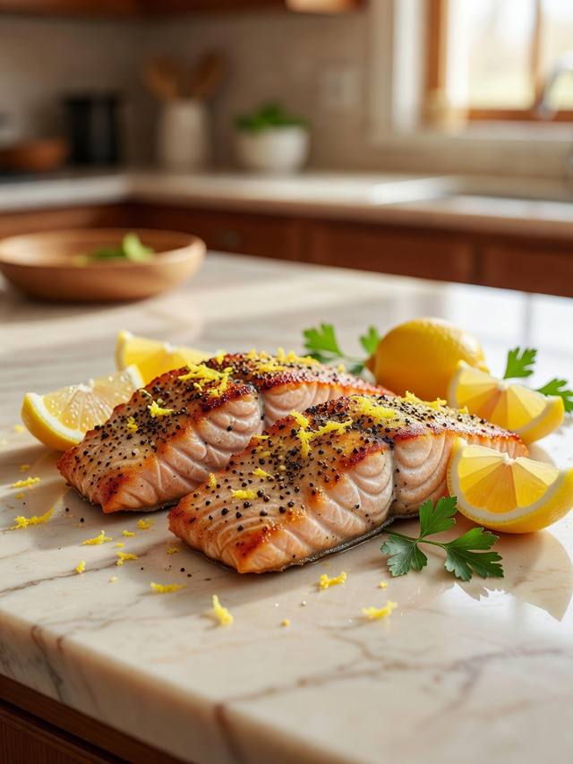 Seared lemon pepper salmon fillets with lemon wedges and parsley