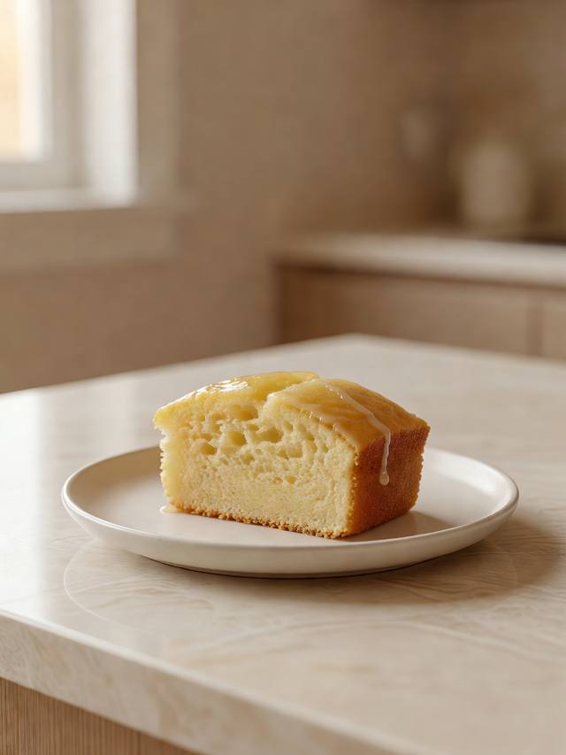 Slice of lemon pound cake with a pale crumb and a thin lemon glaze on a plate