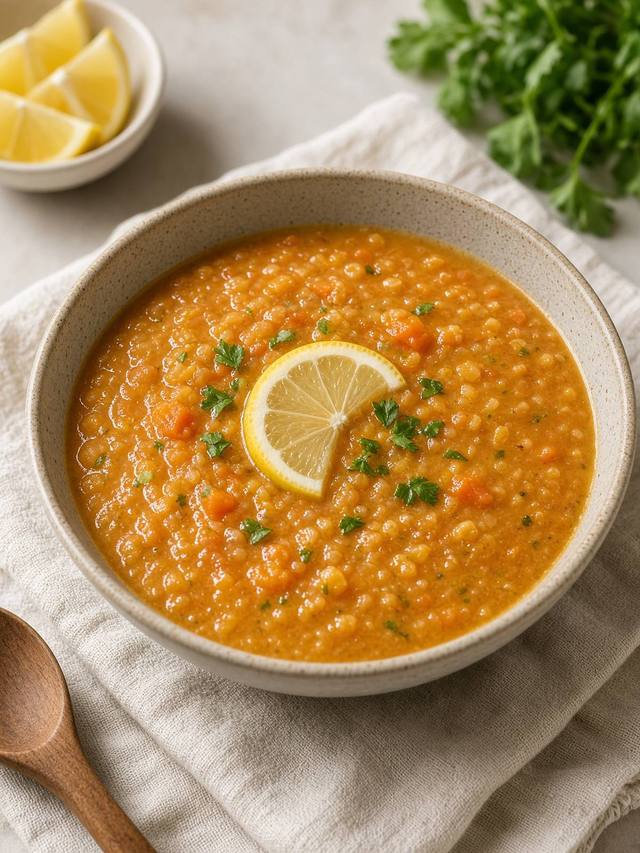 A bowl of thick orange-red lentil soup with soft carrot pieces.
