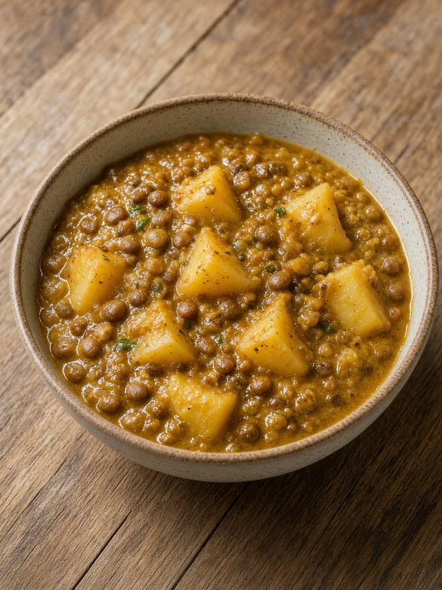 Bowl of thick lentil and potato curry with cilantro