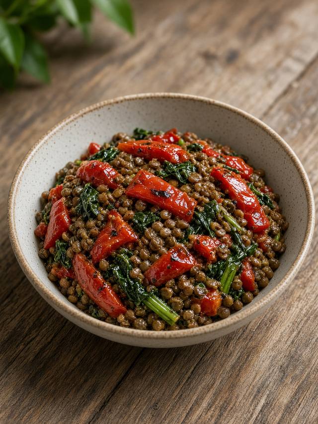 Bowl of lentils with roasted red peppers, parsley, and lemon