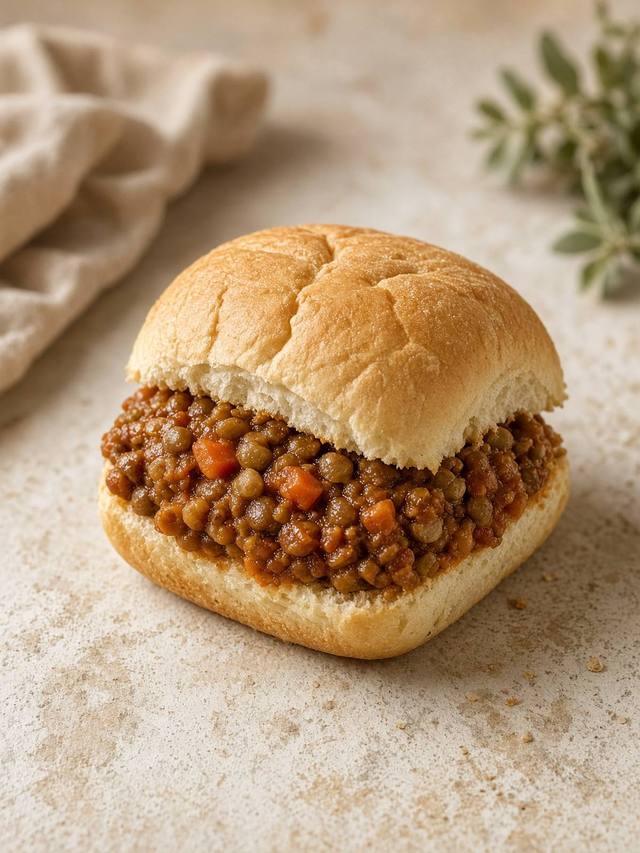 A soft bun filled with a thick lentil sloppy joe mixture.