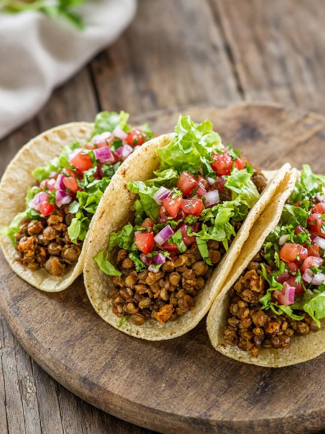 Lentil tacos with salsa, onion, and cilantro