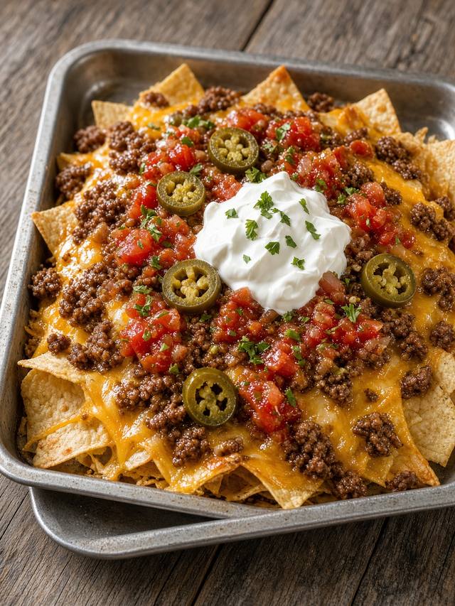 Sheet pan of loaded beef nachos with melted cheddar, salsa, and jalapeños