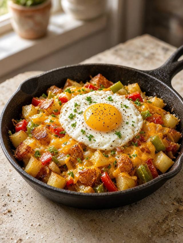 Skillet of diced breakfast potatoes with peppers, onion, eggs, and cheddar.