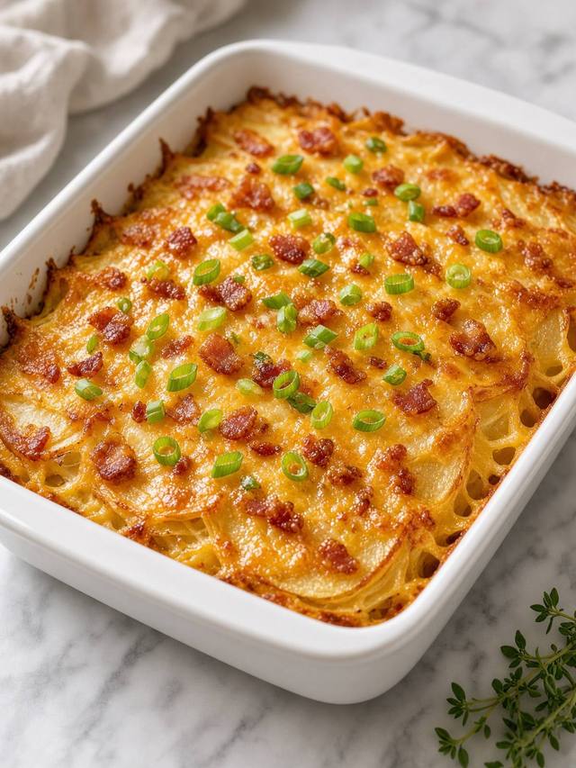 Loaded potato casserole with cheddar, bacon, and scallions.