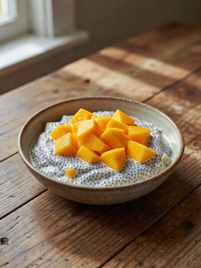 Jar of coconut chia pudding topped with diced mango and toasted coconut