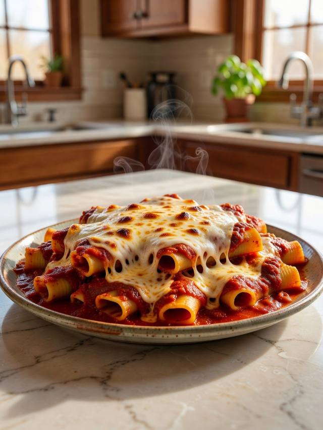 Baked manicotti tubes covered in marinara and melted mozzarella on a platter