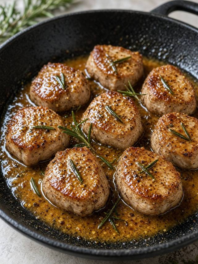 Pork tenderloin medallions with a maple Dijon glaze and rosemary.