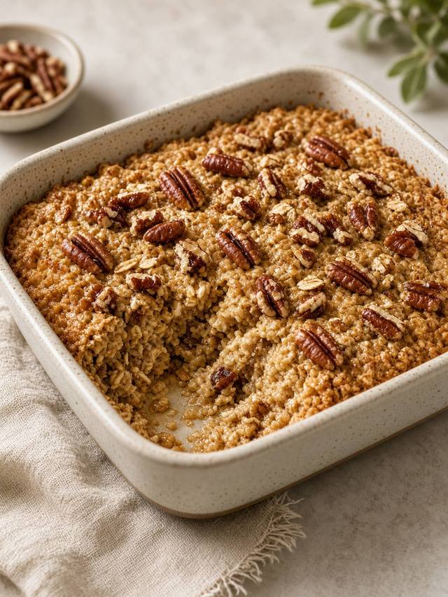 A square of maple baked oatmeal with toasted pecans on top.
