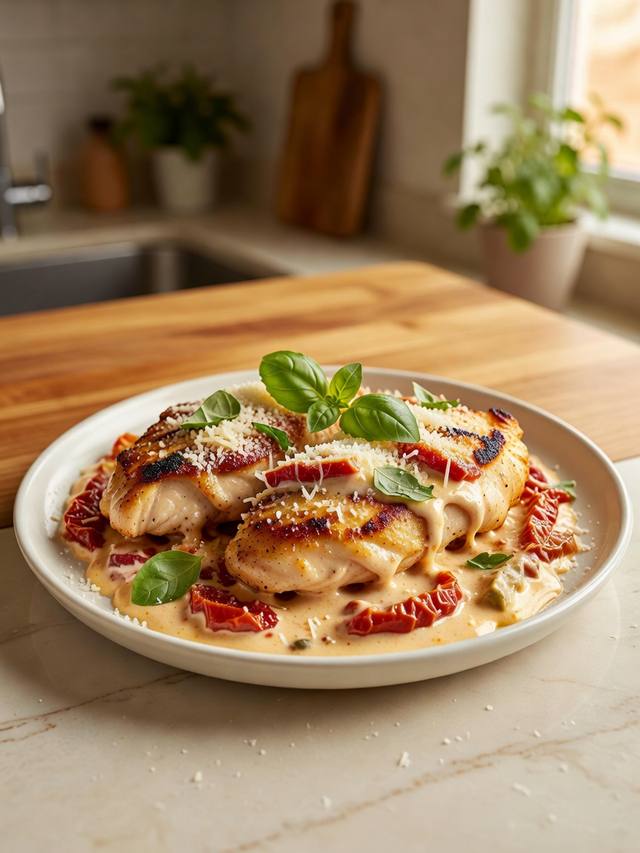 Seared chicken breasts in a creamy sun-dried tomato sauce with Parmesan and basil