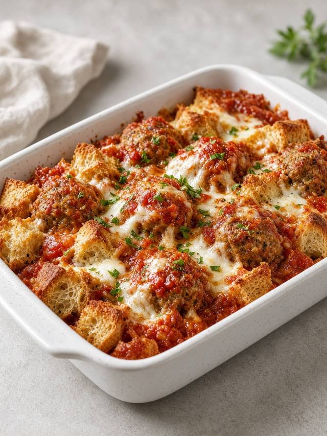 A baking dish of browned beef meatballs in red marinara with toasted bread cubes under melted mozzarella, a few spots on the cheese turned gold.