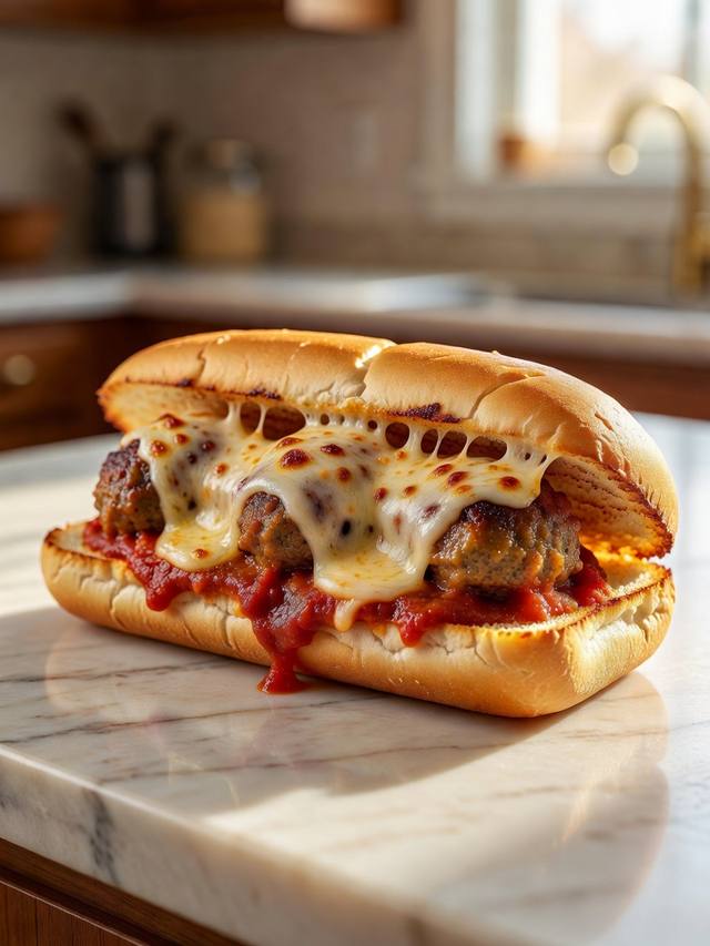 Meatball sub on a toasted roll with marinara and melted mozzarella