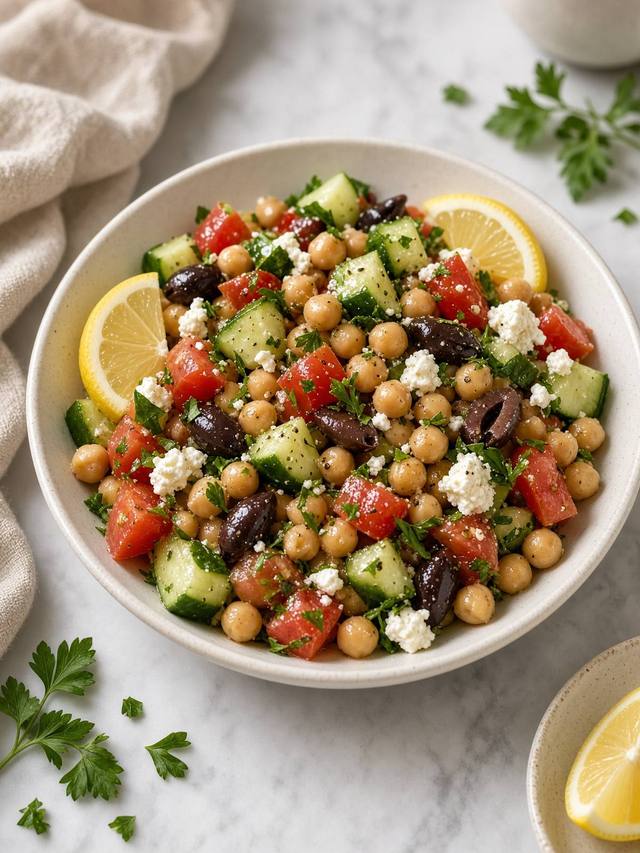 A bowl of chickpeas, cucumber, tomato, olives, and feta finished with lemon and olive oil.