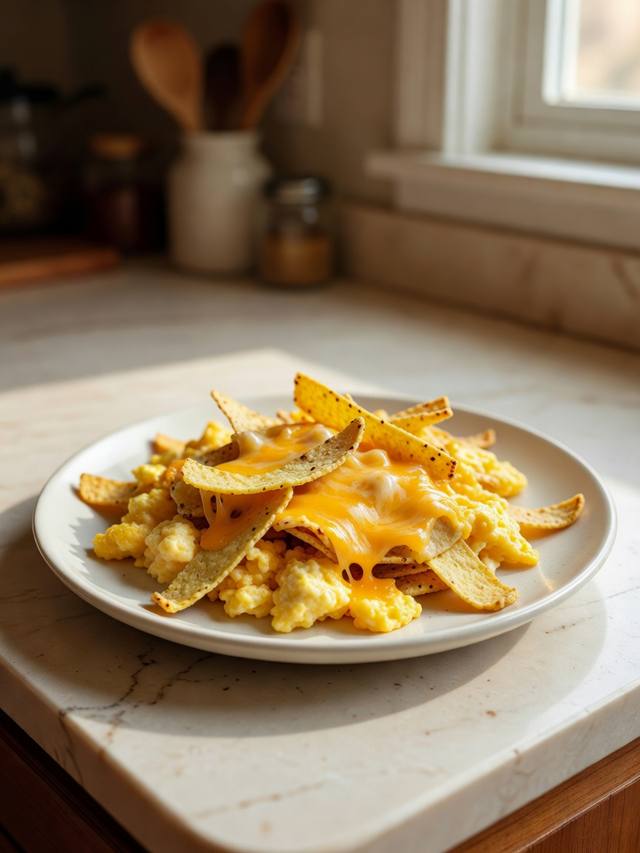 Plate of migas with scrambled eggs, crisp tortilla strips, and cheddar