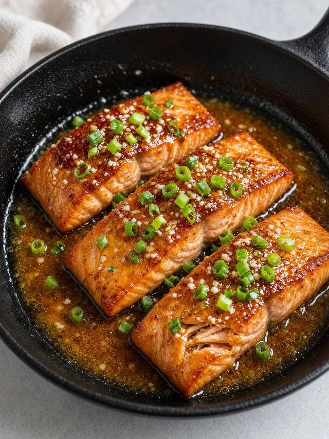 Salmon fillets with a glossy miso butter glaze and scallions.