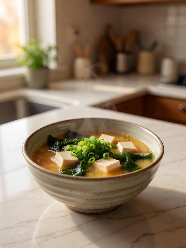 Bowl of miso soup with tofu cubes, wakame, and scallions