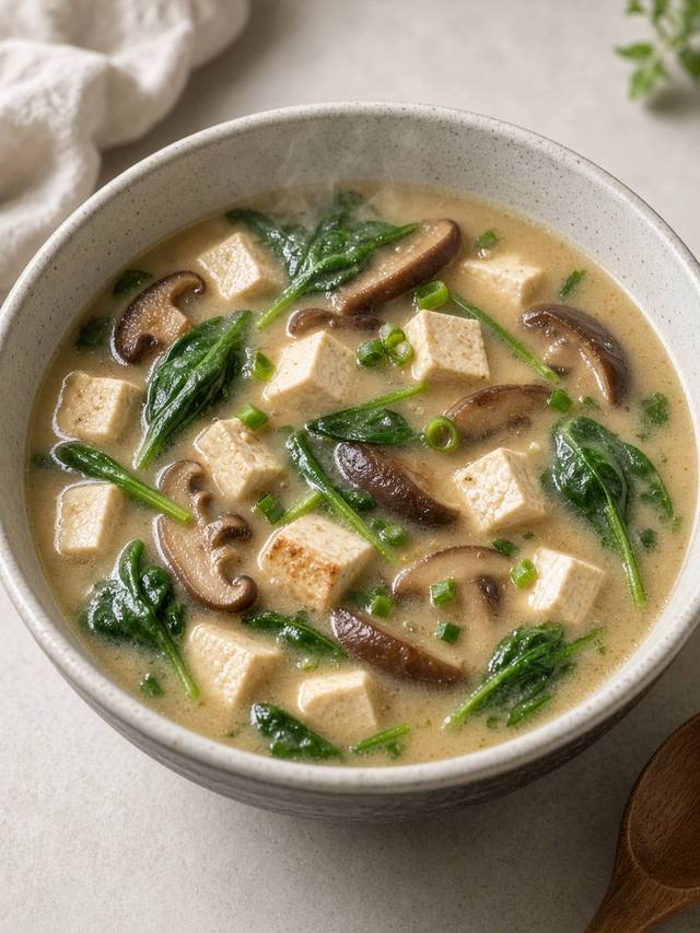 Bowl of miso soup with tofu, spinach, and mushrooms.