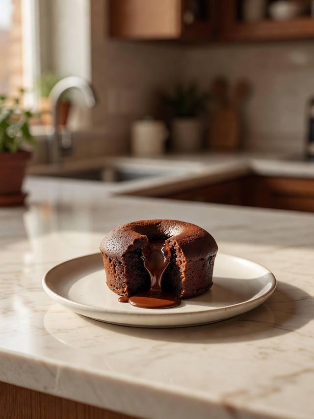 Chocolate lava cake on a plate with a molten chocolate center flowing from the middle